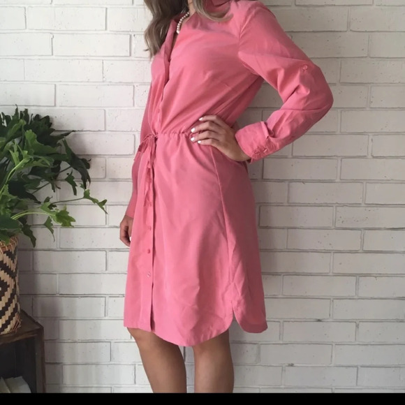 Soft Surroundings Peach/Coral Front Button Up Shirt Dress Roll Tab Sleeves Sz M. - Picture 2 of 14